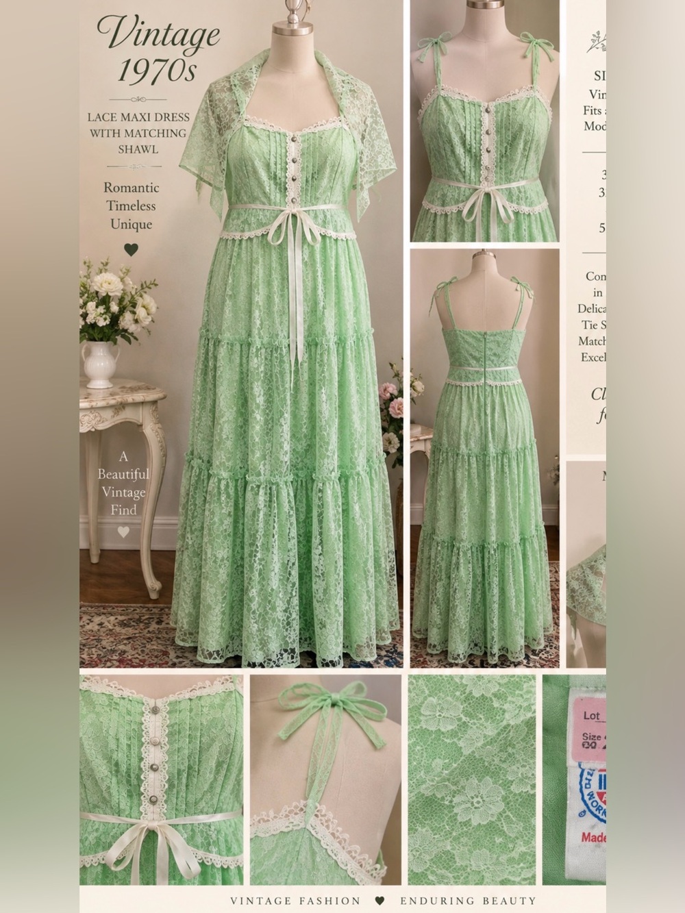 Vintage 70s -Light Green Maxi Dress with White Trim -matching shawl- fits size L